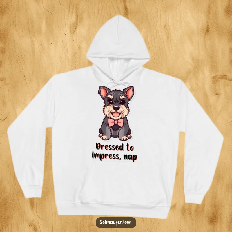 Funny Schnauzer Hoodie featuring a smiling dog wearing a dapper little bowtie, perfect for staying warm and amused.
