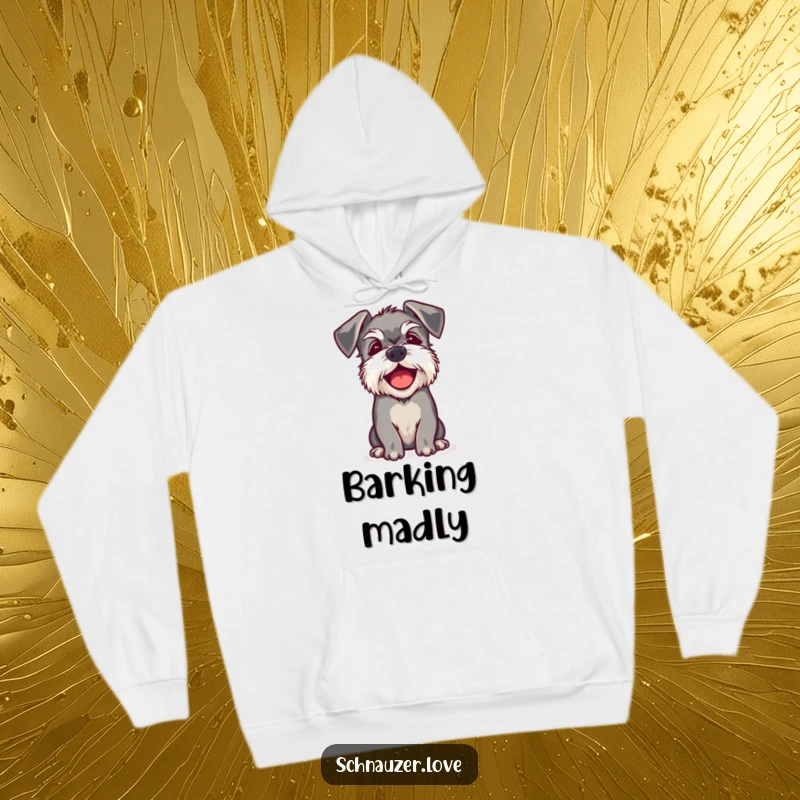 Funny hoodie illustrating a schnauzer with floppy ears barking joyfully, embodying playful enthusiasm and infectious happiness.