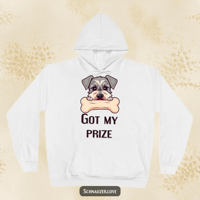 Funny Schnauzer hoodie featuring a schnauzer peeking above a large bone, a picture of pure canine desire.