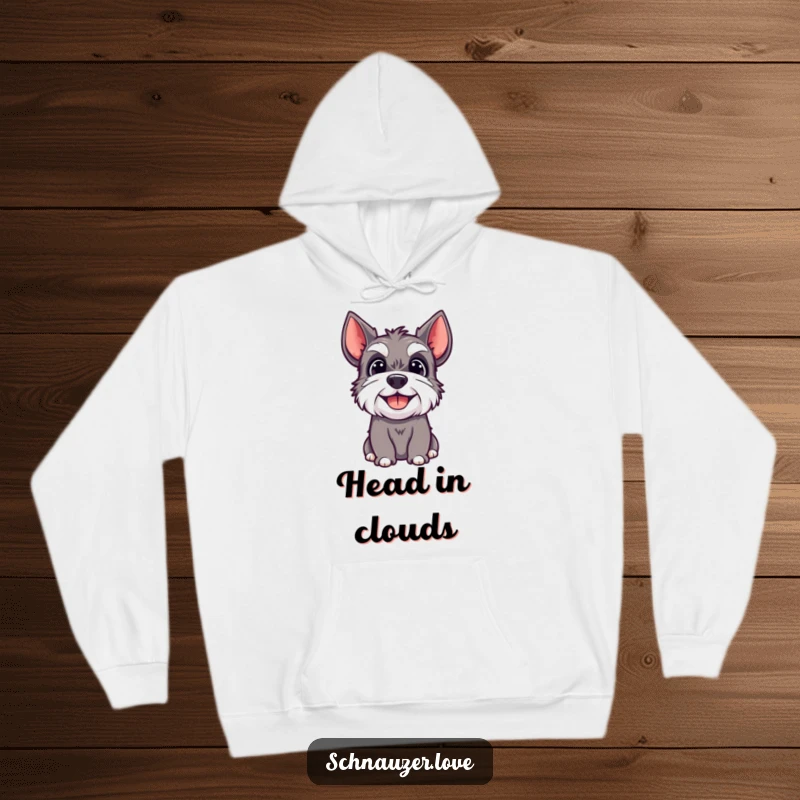 Funny hoodie depicting a happy schnauzer dog looking upwards with a joyful and content expression.