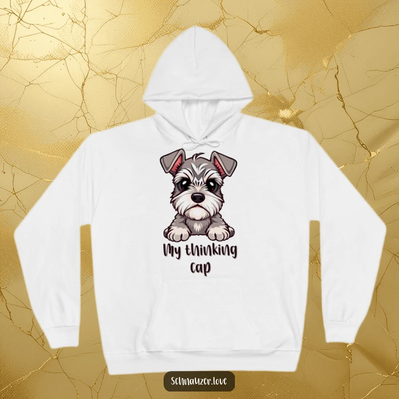 Funny Hoodie depicting a cute schnauzer with prominent eyebrows, tilting its head inquisitively, perfect for cozy contemplation.