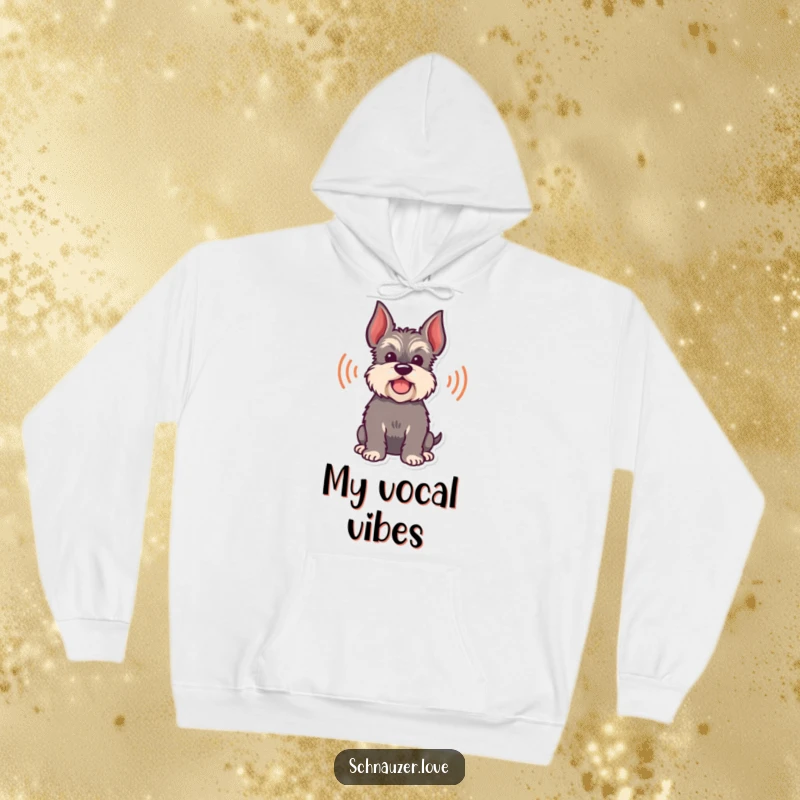 Funny Hoodie featuring a happy schnauzer silhouette with sound waves emanating from it, symbolizing a playful bark.