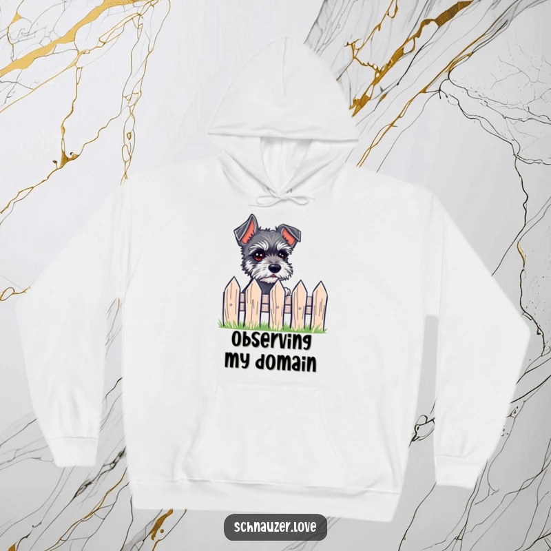 Funny Hoodie featuring a small schnauzer with expressive eyes, peeking inquisitively over a tiny fence.