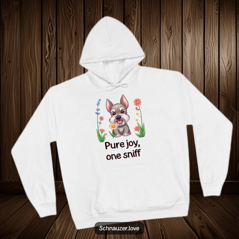 Funny Schnauzer hoodie featuring a happy dog sniffing a flower with wide-eyed curiosity, a warm and humorous apparel choice.