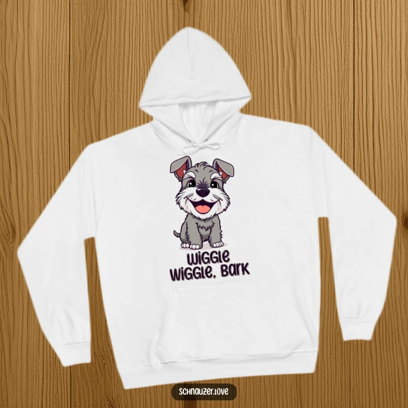 Funny Hoodie: A schnauzer with a happy grin is depicted shaking its body vigorously, embodying playful energy and humorous comfort.