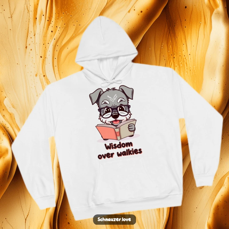 Funny Schnauzer hoodie displaying a dog with glasses reading a book, offering warmth and humorous intellectual charm for cozy reading sessions.