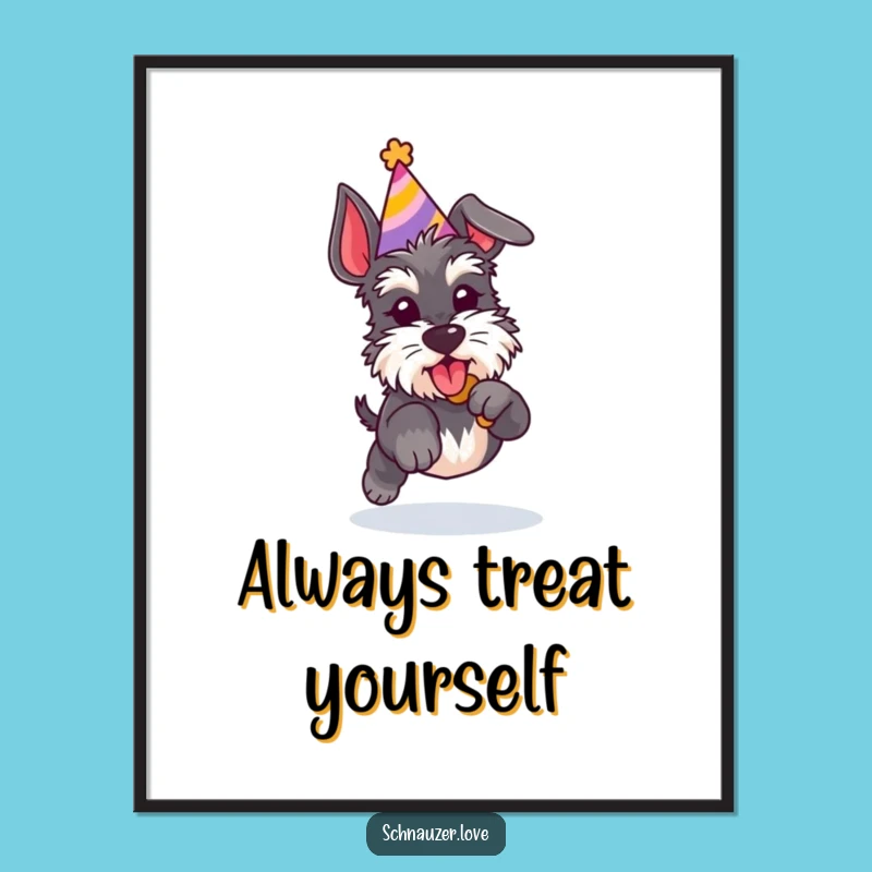 Free Printable Wall Art: Jumping Schnauzer Dog in Party Hat, Quirky Downloadable Decor