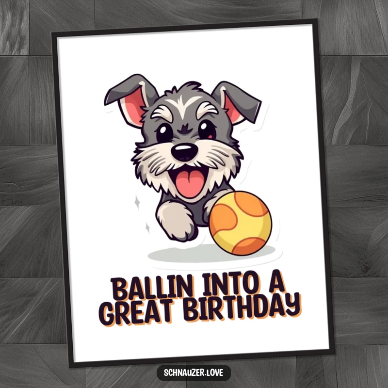 Funny Free Printable Wall Art: A happy schnauzer with its tongue out is captured mid-chase after a bouncy ball.