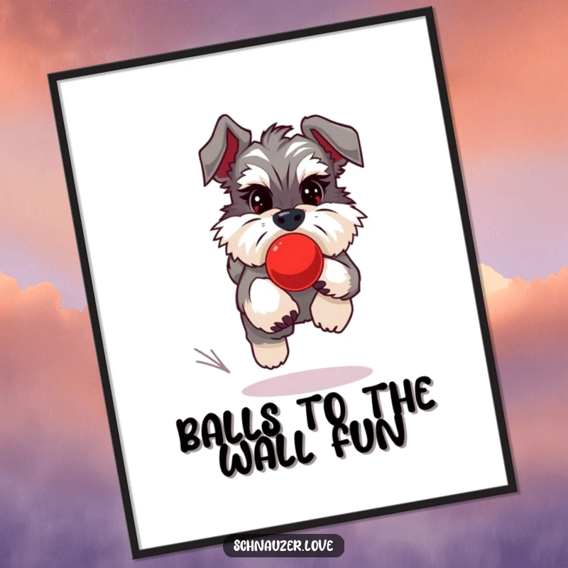 Funny Free Printable Wall Art: A fluffy Schnauzer zealously chases a bouncing red ball with pure delight. Energetic decor.
