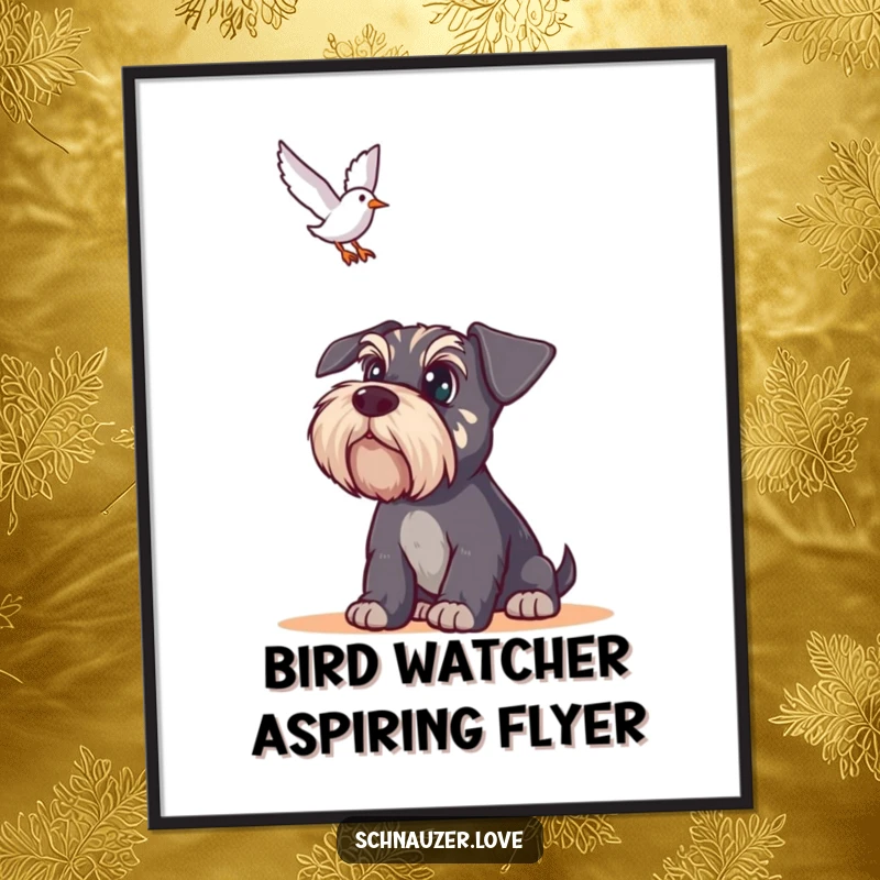 Funny Free Printable Schnauzer Wall Art: An observant schnauzer with big eyes stares intently at a bird flying overhead.
