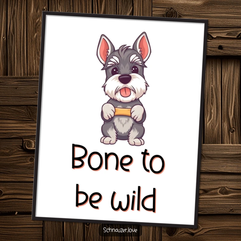 Funny Free Printable wall art of a proud schnauzer standing tall, holding a small bone firmly.