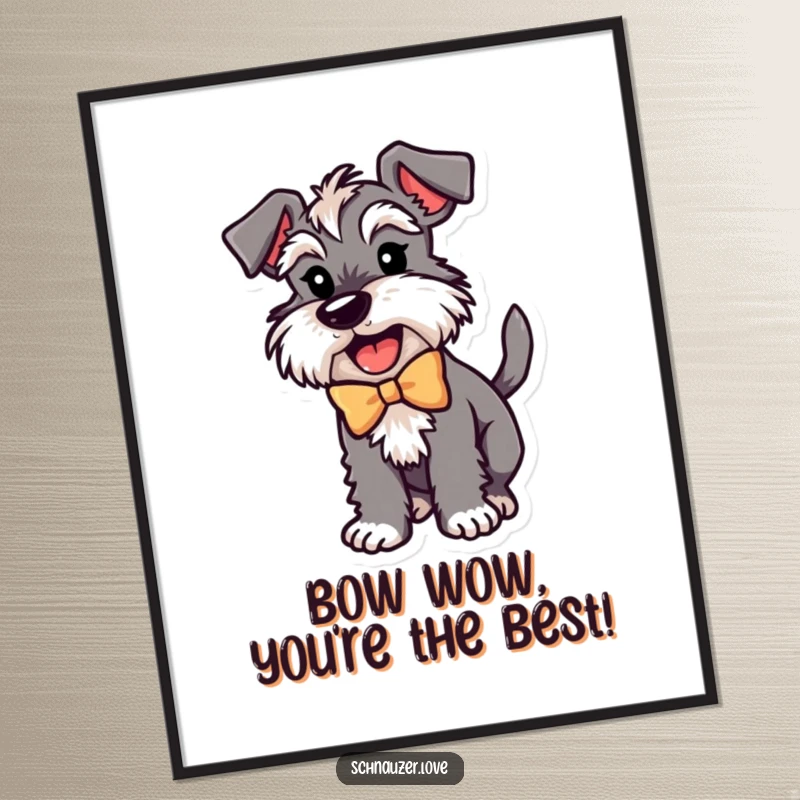 Funny Free Printable Wall Art: Schnauzer in a bow, enthusiastically wagging its tail, bringing cheer.