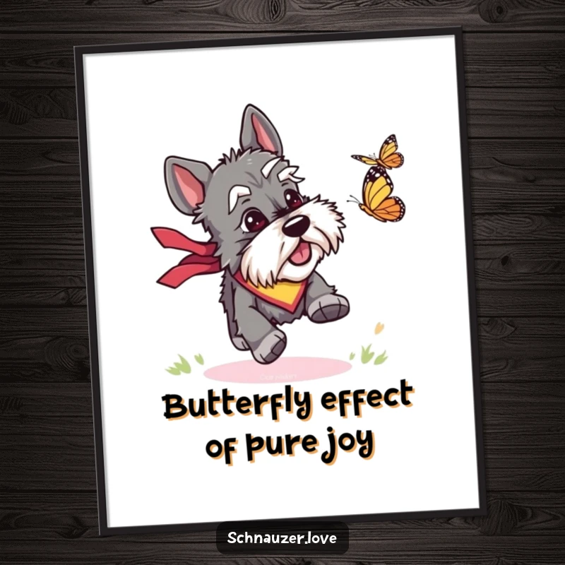 Funny Free Printable Wall Art: A schnauzer sporting a bandana excitedly chases a delicate butterfly, a lively piece of downloadable art.