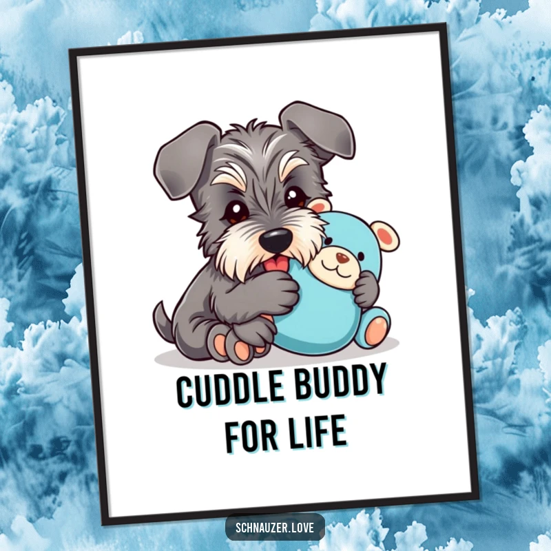Funny free printable wall art of a happy schnauzer with floppy ears embracing a plush toy, radiating comfort and joy.