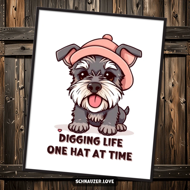 Funny Free Printable Wall Art: A schnauzer wearing a tiny hat digs with great enthusiasm, a hilarious piece of downloadable art.