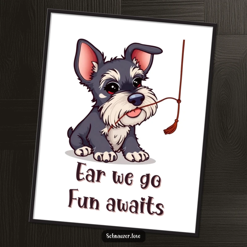 Funny Free Printable Schnauzer Wall Art: Schnauzer with oversized ears playfully batting at a dangling string.