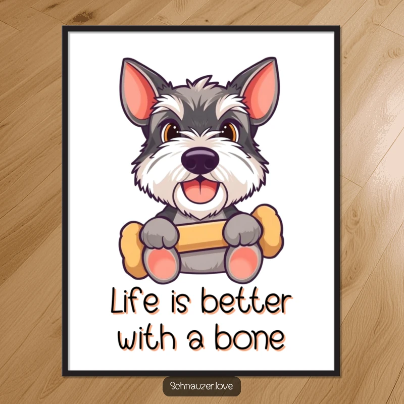 Funny Free Printable Wall Art: a happy Schnauzer holding a bone, looking up expectantly, radiating sweet anticipation.