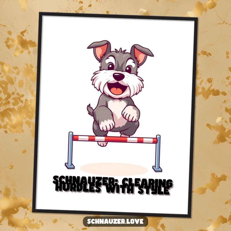 Funny Free Printable Schnauzer Wall Art: A cute Schnauzer in mid-jump over a tiny hurdle, conveying pure happiness.