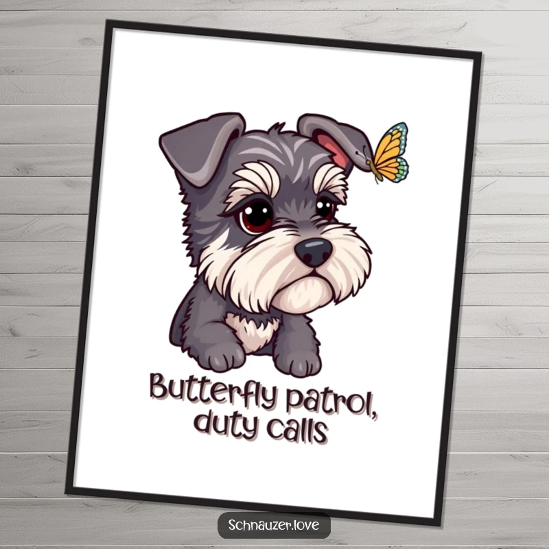 Funny Free Printable Wall Art: A schnauzer with bright eyes intently watching a fluttering butterfly, creating a peaceful scene.