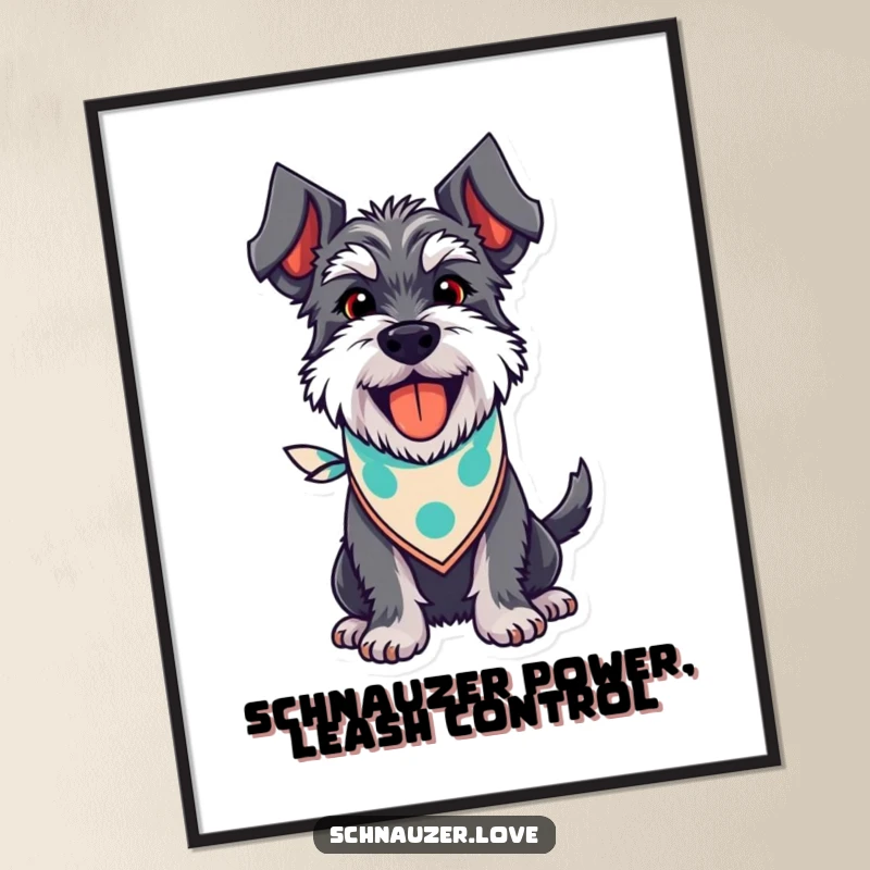 Funny Free Printable Schnauzer Wall Art: Happy schnauzer in bandana panting with wagging tail, downloadable art for home decor.