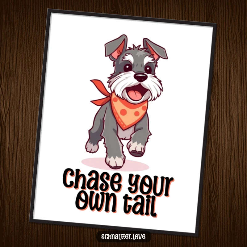 Funny Free Printable Wall Art: Silly Schnauzer wearing a bandana, excitedly chasing its own tail in a playful loop.