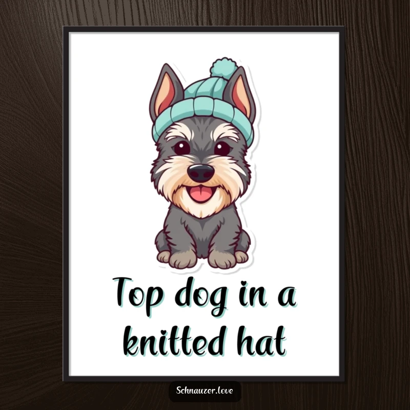 Funny Free Printable wall art: A cheerful schnauzer looking incredibly cute and cozy while wearing a small, knitted hat.
