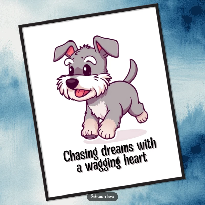Funny Free Printable wall art: A happy schnauzer with a blurred, wagging tail, running full speed with joyful abandon.