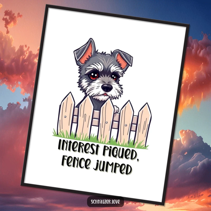Funny Free Printable Wall Art of a small schnauzer with expressive eyes peeking with interest over a tiny fence.