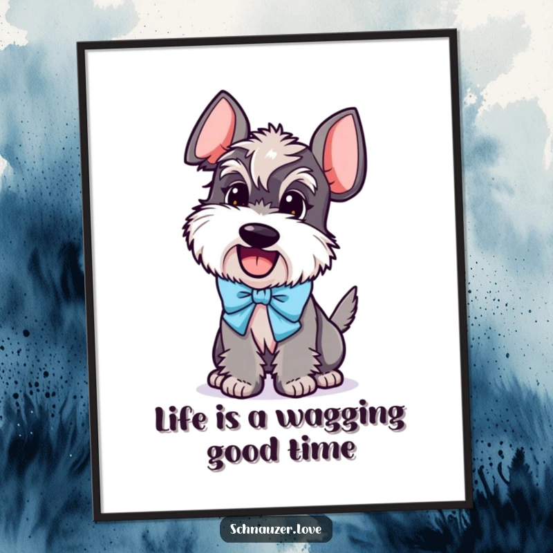 Funny Free Printable Schnauzer Wall Art: Schnauzer wearing a bow, wagging its tail excitedly.