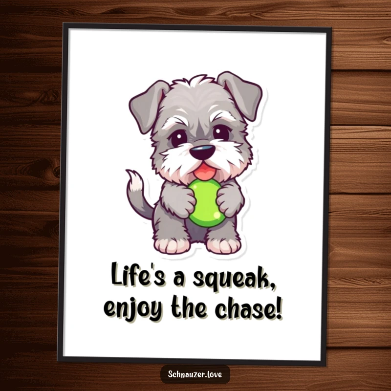 Funny Free Printable Wall Art: a fluffy Schnauzer with a wagging tail, holding a squeaky toy, radiating pure joy.