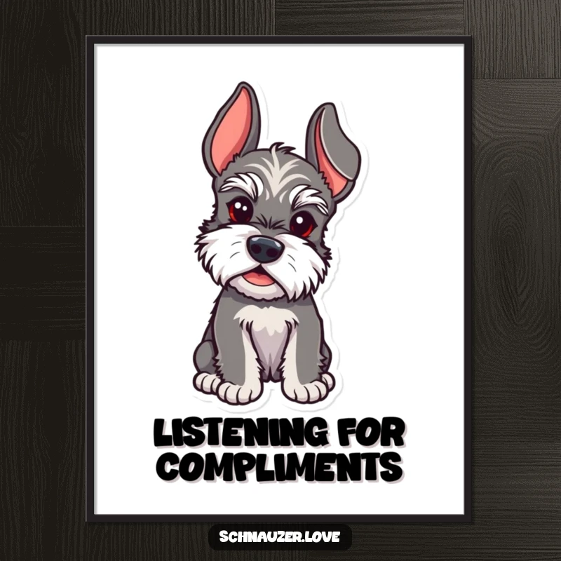 Funny Free Printable Schnauzer Wall Art: Schnauzer with ears perked, intently listening, adding a humorous and engaging element.