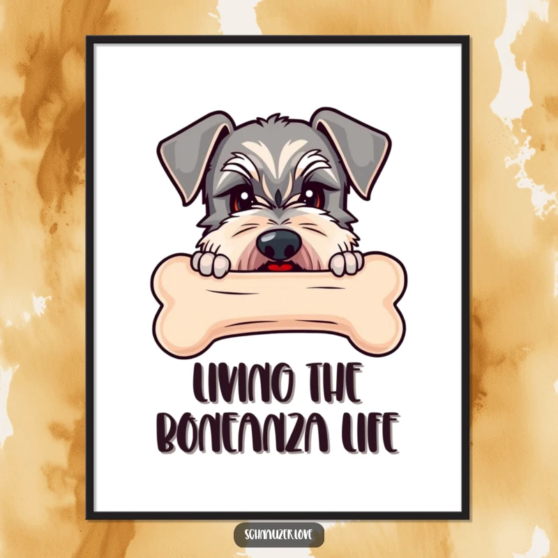 Funny Free Printable Schnauzer Wall Art: A schnauzer peeking over a large bone, adding a humorous touch to any room.