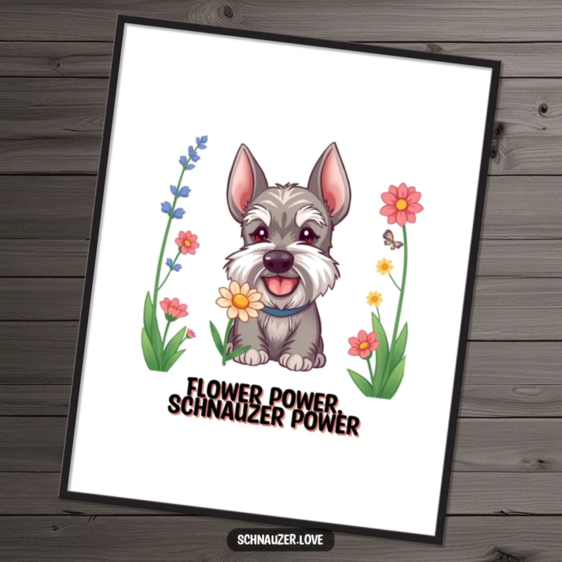 Funny Free Printable Schnauzer Wall Art, a happy dog curiously sniffing a flower, perfect downloadable decor.