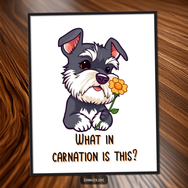 Funny free printable Schnauzer wall art, a dog curiously sniffing a flower icon, adding charm and whimsy to decor.