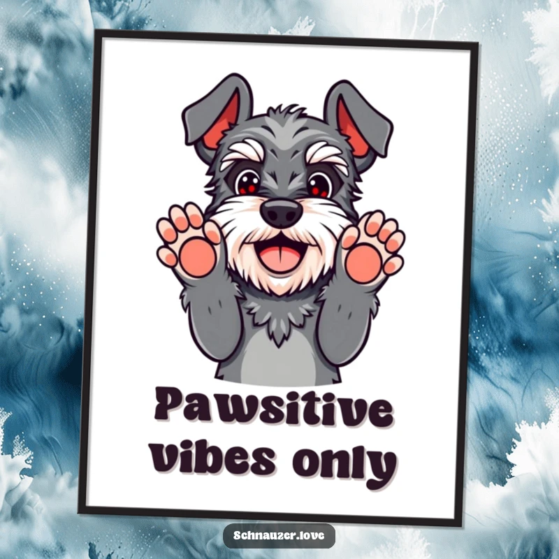 Funny free printable Schnauzer wall art, a playful dog with paws up signaling surrender, bringing humor to home decor.