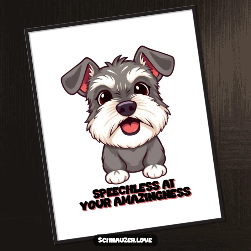 Funny Free Printable wall art: A schnauzer with its mouth slightly open, eyes wide with comical surprise and astonishment.