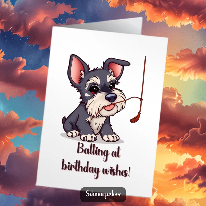 Funny Free Printable Schnauzer Birthday Card: Schnauzer with large ears playfully batting a string.