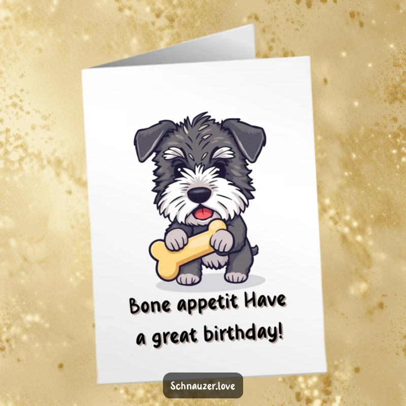 Funny Free Printable Schnauzer Birthday Card: Eager dog fetching a squeaky bone toy, ready for celebration.