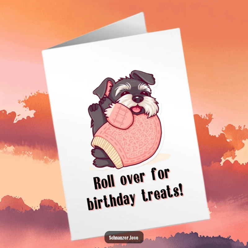 Funny Free Printable Schnauzer Birthday Card: Schnauzer in a sweater rolling for belly rubs.