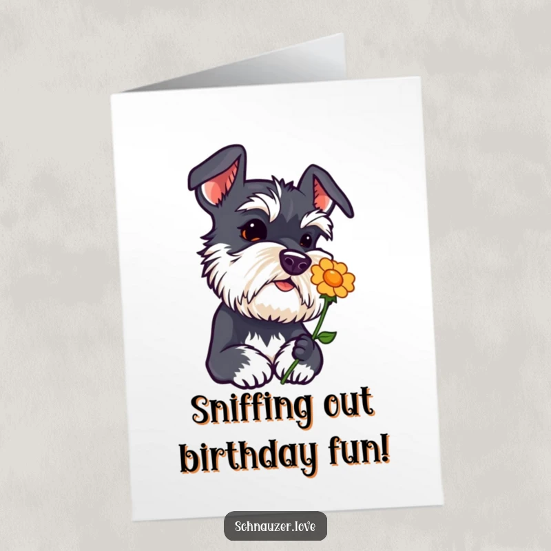 Funny free printable Schnauzer birthday card, a curious dog tilting its head, sniffing a flower icon with delight.