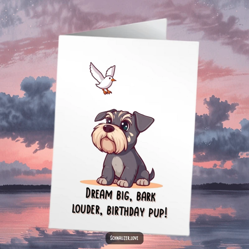 Funny Free Printable Schnauzer Birthday Card: A wide-eyed schnauzer intently watches a bird soaring through the sky above.
