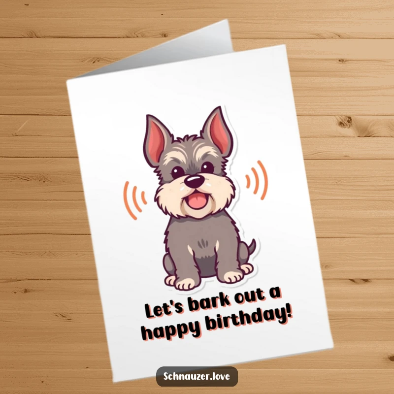 Funny Free Printable Birthday Card featuring a happy schnauzer silhouette with playful sound waves representing a bark.