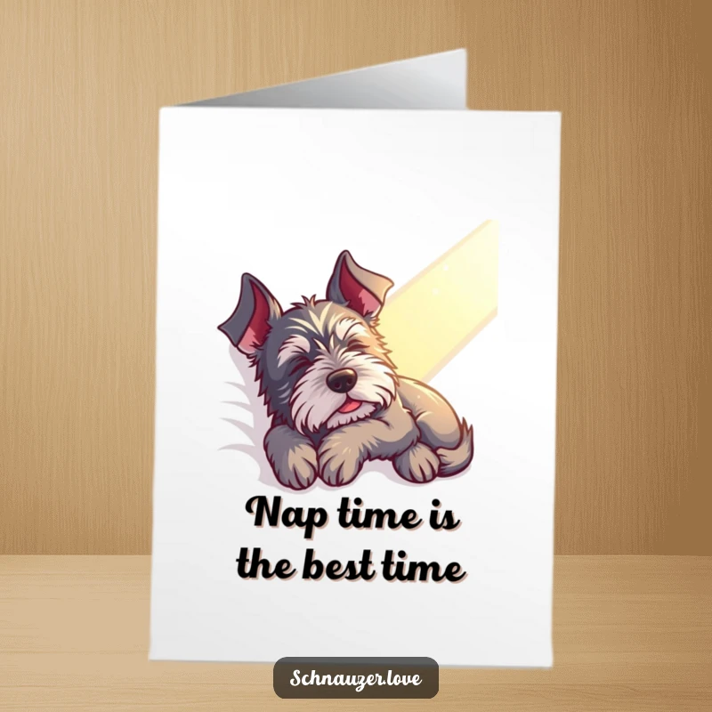 Funny Free Printable Birthday Card: A blissfully contented schnauzer naps peacefully in a warm sunbeam. Happy birthday, relax!