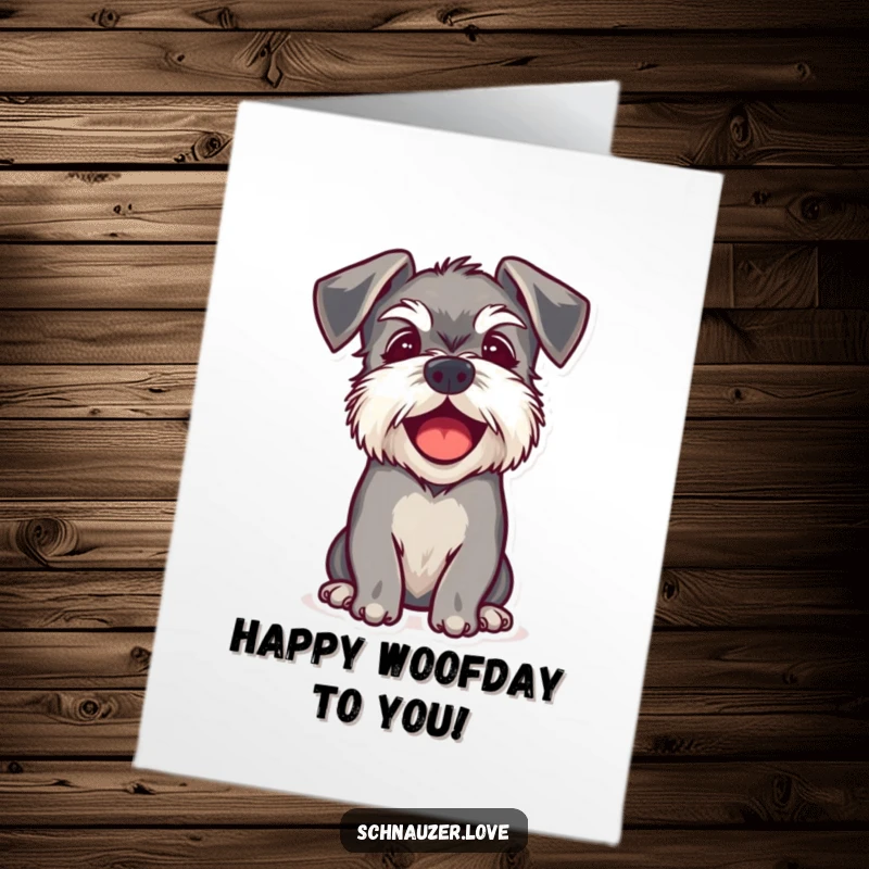 Funny Free Printable Birthday Card: A schnauzer with endearing floppy ears barks with pure happiness, a delightful DIY birthday gift.