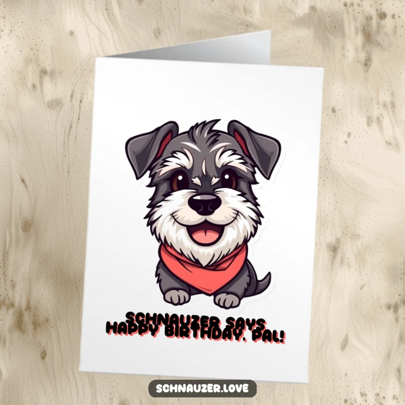 Funny Free Printable Schnauzer Birthday Card: Eager dog in bandana ready to party, perfect for a dog lover.