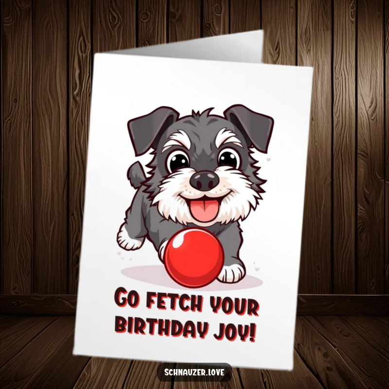 Funny free printable birthday card of a schnauzer with wide, happy eyes chasing a bouncing red ball joyfully.