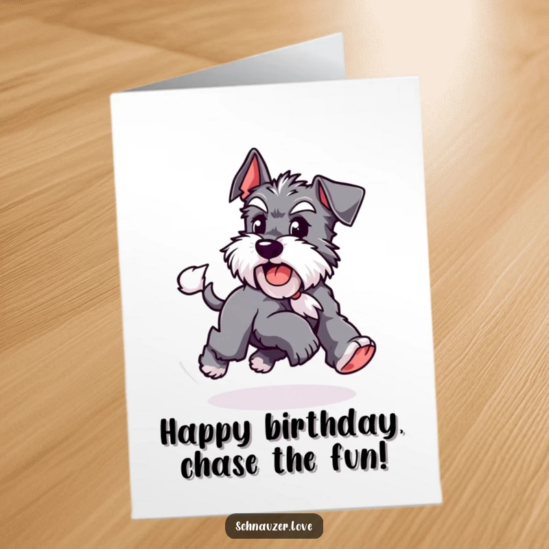 Funny Free Printable Birthday Card: a playful Schnauzer chases its tail in a circle, full of birthday excitement.