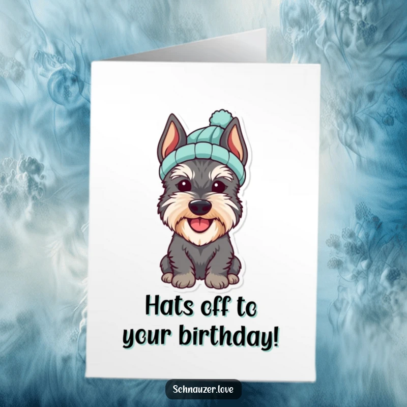 Funny Free Printable birthday card: A cheerful schnauzer looking adorable while wearing a small, colorful knitted hat.