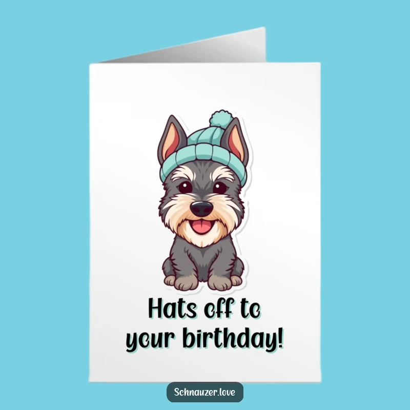 Free Printable Birthday Card: Cheerful Schnauzer in Hat, Cute Downloadable Gift