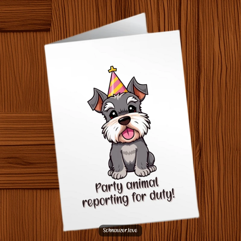 Free Printable Birthday Card: A schnauzer character wearing a celebratory party hat tilts its head, looking charmingly festive.